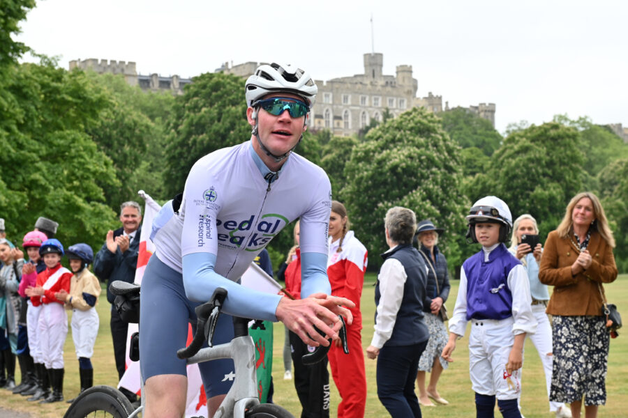 Tom March arrives at Royal Windsor Horse Show after his Pedal3Peaks Challenge